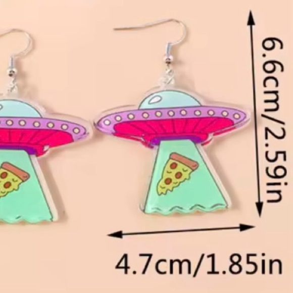 UFO 'They're Only Here For Pizza' Earrings - Dangle Cosplay Halloween Style - Picture 5 of 8